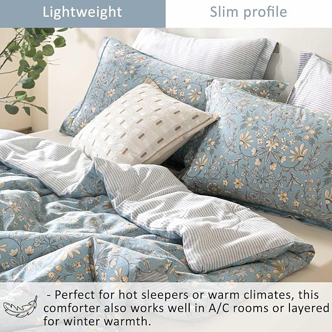 ALEISSEL Smoky Blue Botanical Cotton Comforter Queen Size - 3PC Lightweight Bedding Sets with Soft Fill, Luxurious Vintage-Inspired Floral Patterns, Light Gray Striped Reversible Design