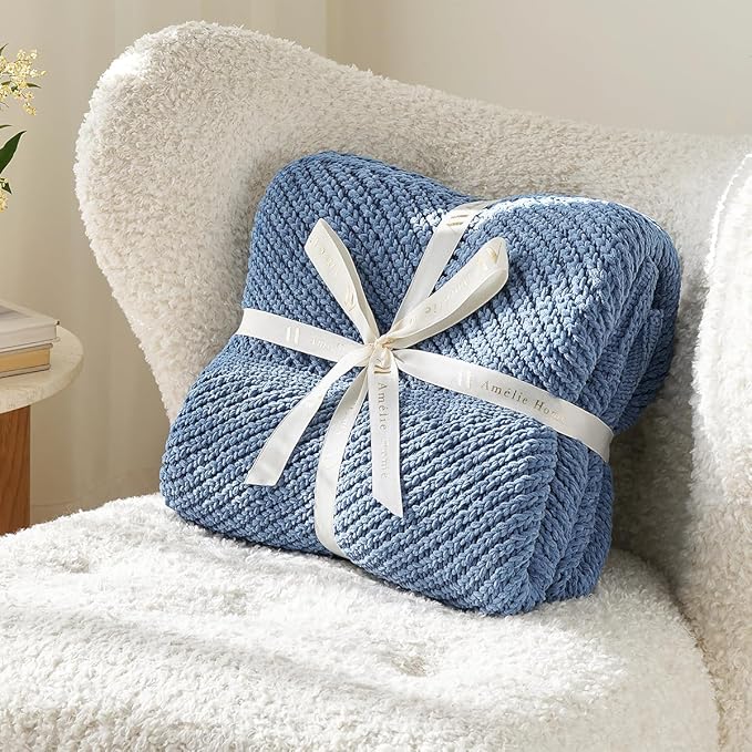 Amélie Home Knit Throw Blanket, Soft Chenille Cozy Breathable Chevron Chunky Decorative Blanket for Couch, Bed & Sofa, French-Inspired Lightweight Warm Gift for Women, Washed Blue, 50"x60"