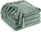 Chenille Throw Blanket for Couch 60"X 80" Twin, Soft Cozy Throws with Fringe Tassel for Bed Sofa Chair Cover, Lightweight Knitted Decorative Boho Blankets for Living Room, Sage Green