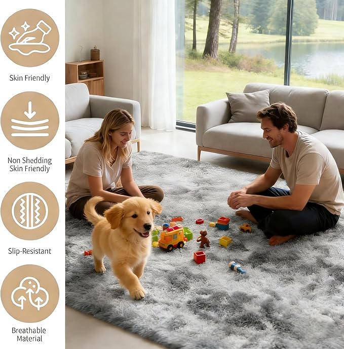 9x12 Area Rug Fluffy Shaggy Ultra Soft Faux Fur Non-Slip Machine Washable Carpet for Bedroom, Living Room, Nursery & Dorm Cozy Home Decor