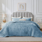 BEDELITE Velvet Quilt Set Queen Size - Luxury Velvet Comforter Bedding Set 3 Pieces, Lightweight Soft Cozy Shiny Dusty Blue Oversized Bedspread Coverlet for All Seasons with 2 Pillow Shams