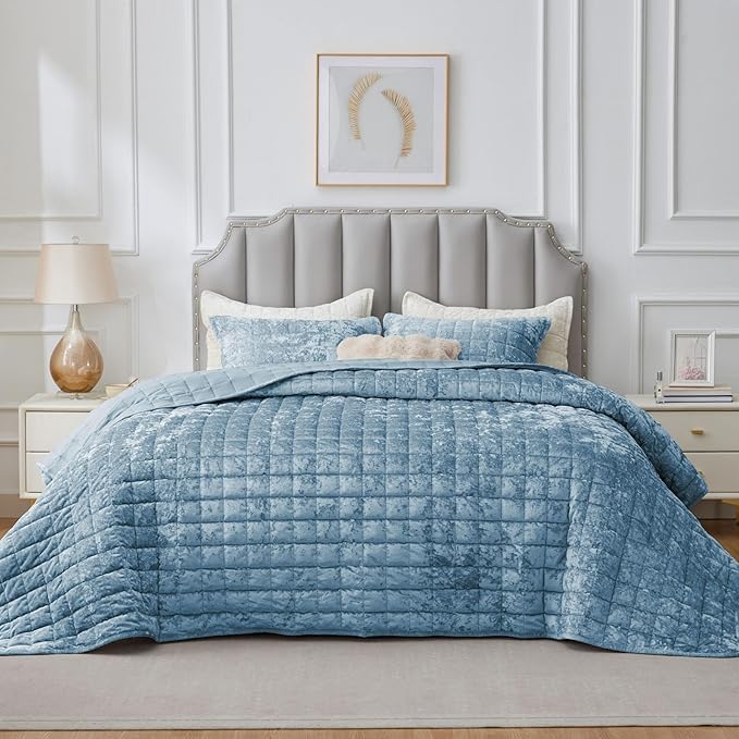 BEDELITE Velvet Quilt Set King Size - Luxury Velvet Comforter Bedding Set 3 Pieces, Lightweight Soft Cozy Shiny Dusty Blue Oversized Bedspread Coverlet for All Seasons with 2 Pillow Shams