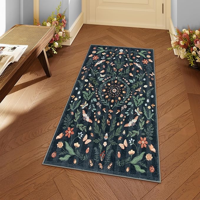 Lahome Insect Botanical 2x4 Black Kitchen Runner Rugs Non Skid Washable, Rug Runners for Hallways Non Slip Bathroom Carpet Runner, Soft Indoor Runners for Entryway Laundry Bedroom(Black,2x4)