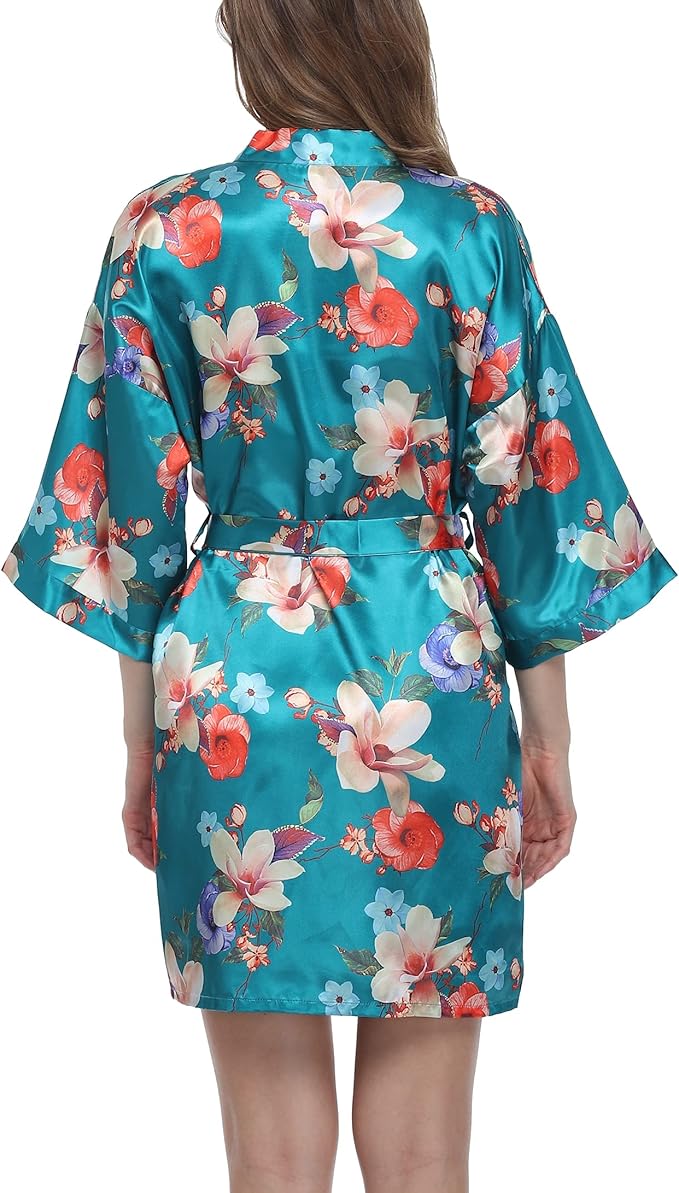 Women's Floral Satin Robes Bride Bridesmaid Getting Ready Robe Short Silky Kimono Sleepwear for Wedding Party