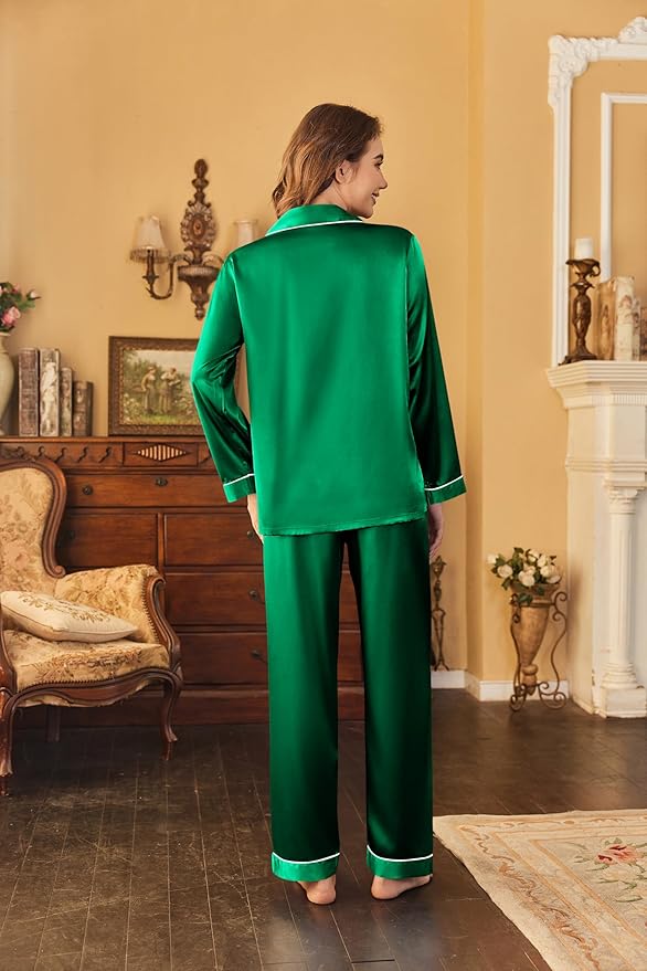 Ekouaer Women's Classic Button Down Long Satin Silk Pajama Set