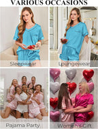 Silk Pajamas for Women Short Sleeve Satin 2 Piece Pj Set Soft V Neck Sleepwear Loungewear, S-XXL
