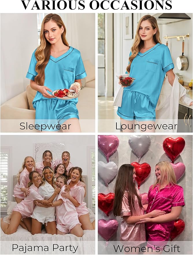 Silk Pajamas for Women Short Sleeve Satin 2 Piece Pj Set Soft V Neck Sleepwear Loungewear, S-XXL