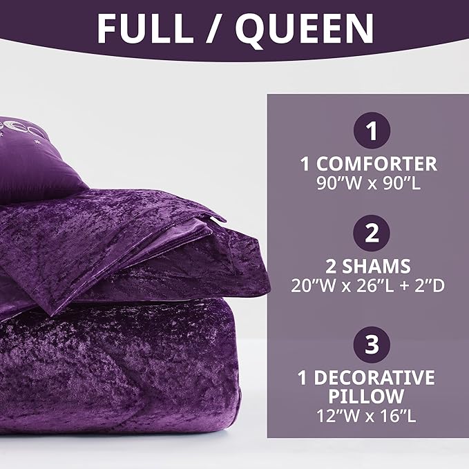 Intelligent Design King Comforter Set, Velvet Comforter Set , Luxury Diamond Quilting Comforter Set, Fluffy Comforter Bed Set with Decorative Pillowand 2 Shams, 4 Piece Purple, King/ Cal King