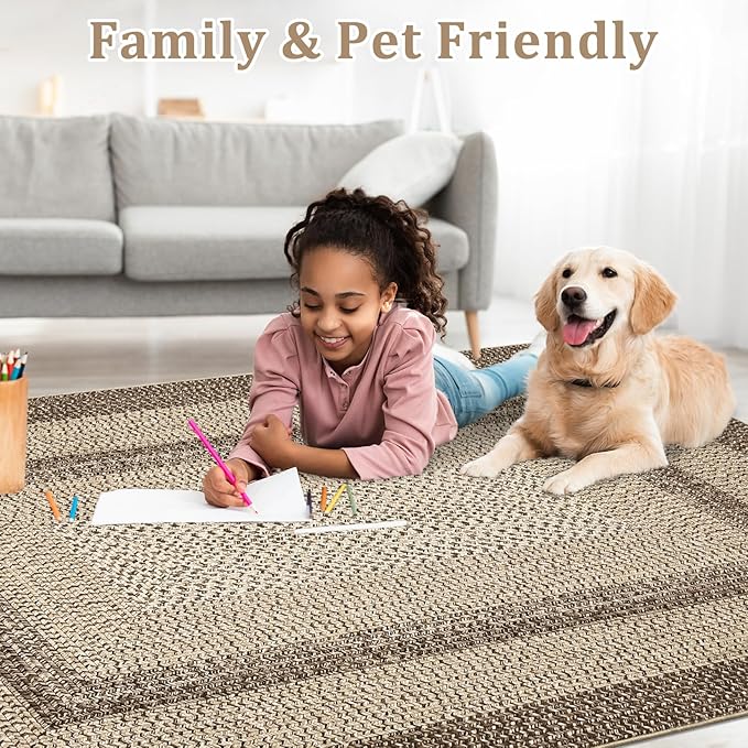 RUGSREAL Boho Rug 4x6 Bedroom Machine Washable Rug Braided Print Floor Cover Dining Room Throw Carpet with Rubber Backing Farmhouse Rustic Accent Rug for Living Room Home Decor, Camel