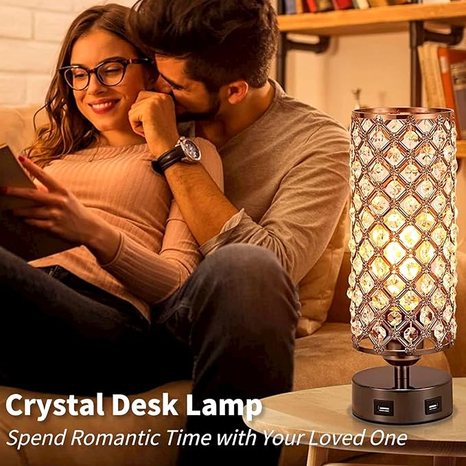 Crystal Table Lamps, Small Touch Desk Lamp Bedside Bedroom Lamp with 2 USB Charging Port Nightstand Night Light Room Decor for Kids Room, Home Office, Living Room,Bar, Restaurant (Black)