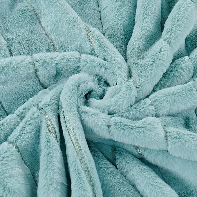 Striped Throw Blanket and Pillow Covers Set (No Inserts) for Couch and Bed, Plush Warm Lightweight Fuzzy Faux Fur Blanket for All Seasons (50" x 60", Pastel Blue)