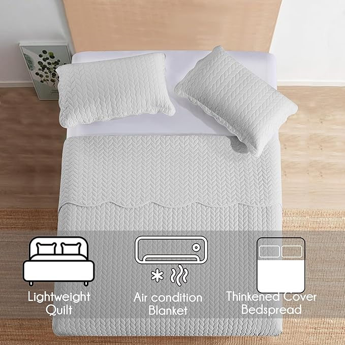 IR Imperial Rooms Queen Quilt Bedding Set Size (90" x 96") + 2 Pillow Shams (20" x 26"+ 2") - 3 Pcs All Season Lightweight Reversible Microfiber Coverlet Embossed Quilt Bedspread (Silver)