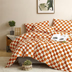 CLOTHKNOW Orange Beige Plaid Full Size Comforter Set 3Pcs Grid Bedding Comforter Sets Terracotta Checker Comforter with 2 x Pillow Cases