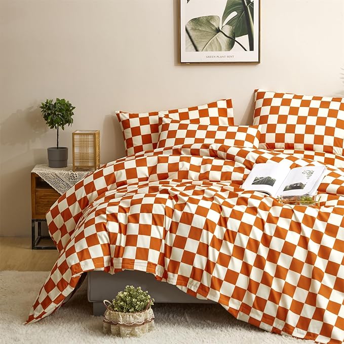 CLOTHKNOW Orange Plaid Queen Comforter Set 3Pcs Grid Bedding Comforter Sets Soft Checker Queen Comforter Burnt Orange Queen Size Comforter Sets