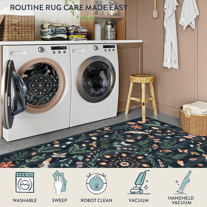 Lahome Insect Botanical 2x6 Washable Rug Runners for Hallways Non Slip, Black Bathroom Kitchen Runner Rugs Non Skid, Soft Non-Slip Entryway Indoor Carpet for Laundry Bedroom
