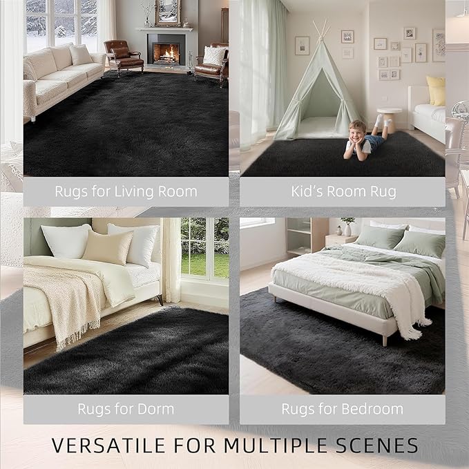 Shag Black Rug 6x9 Area Rugs for Bedroom Living Room - Non Slip Ultra Soft Large Fluffy Fuzzy Plush Shaggy Furry Bedside Rug for Dorm Kids Room Nursery Playroom,Home Office Modern Carpet
