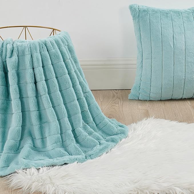 Striped Throw Blanket and Pillow Covers Set (No Inserts) for Couch and Bed, Plush Warm Lightweight Fuzzy Faux Fur Blanket for All Seasons (50" x 60", Pastel Blue)