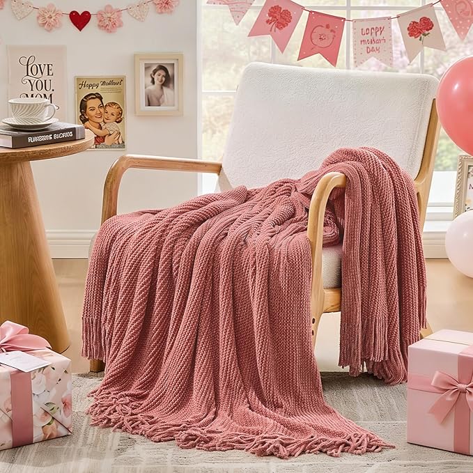 inhand Coral Pink Chunky Chenille Throw Blanket for Couch Bed, Mothers Day/Mom Birthday Gifts for Mom from Daughter Son,Soft Boho Knitted Blanket,Cozy Decor for Living Room,60"x80",Medium Thick