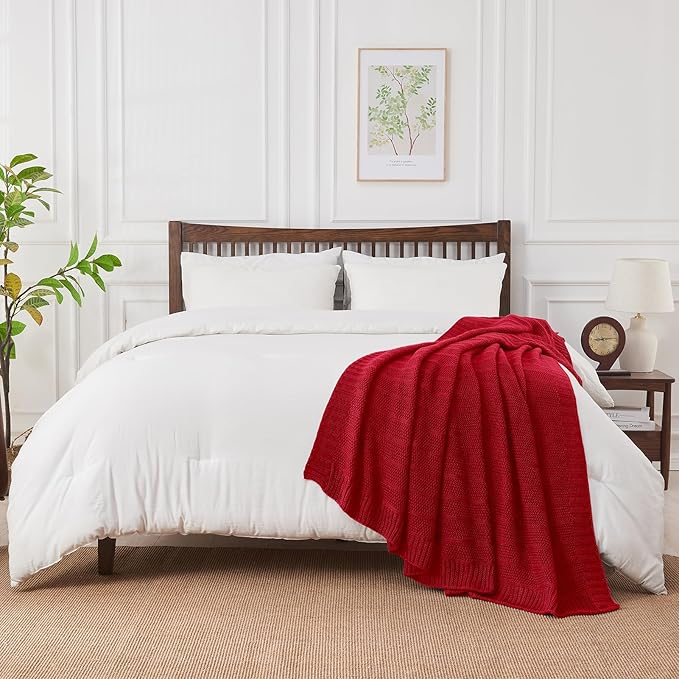 Douceur Christmas Red Throw Blanket for Bed, Soft Cozy Lightweight Stripe Pattern Knitted Throw Blanket for Sofa, Living Room Gift, 60"X80"