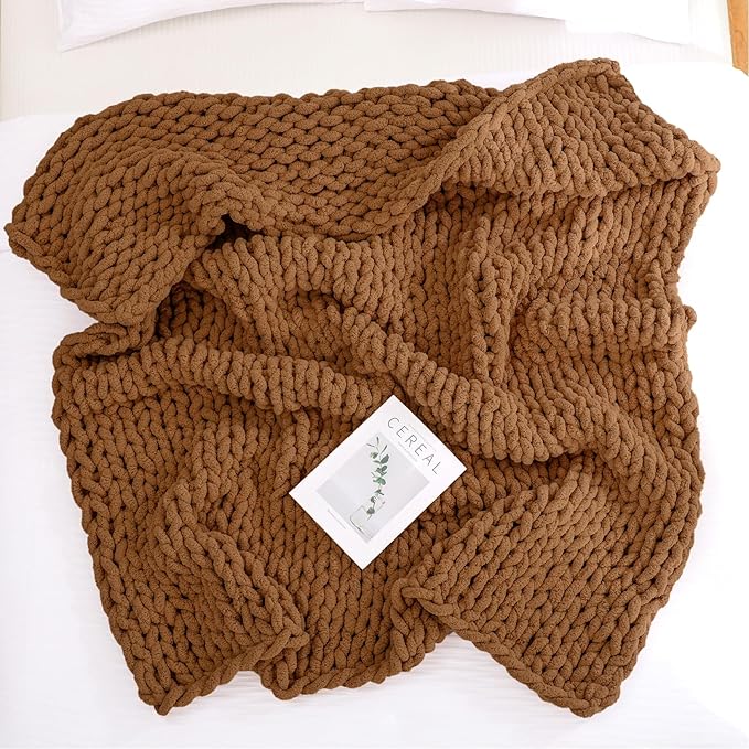 YAAPSU Chunky Knit Throw Blanket for Couch, 51"x63", 100% Hand Knitted Thick Cable Knit with Cozy Jumbo Chenille Yarn, Soft Large Rope Knot Crochet Blankets for Sofa Bed Living Room Décor, Caramel