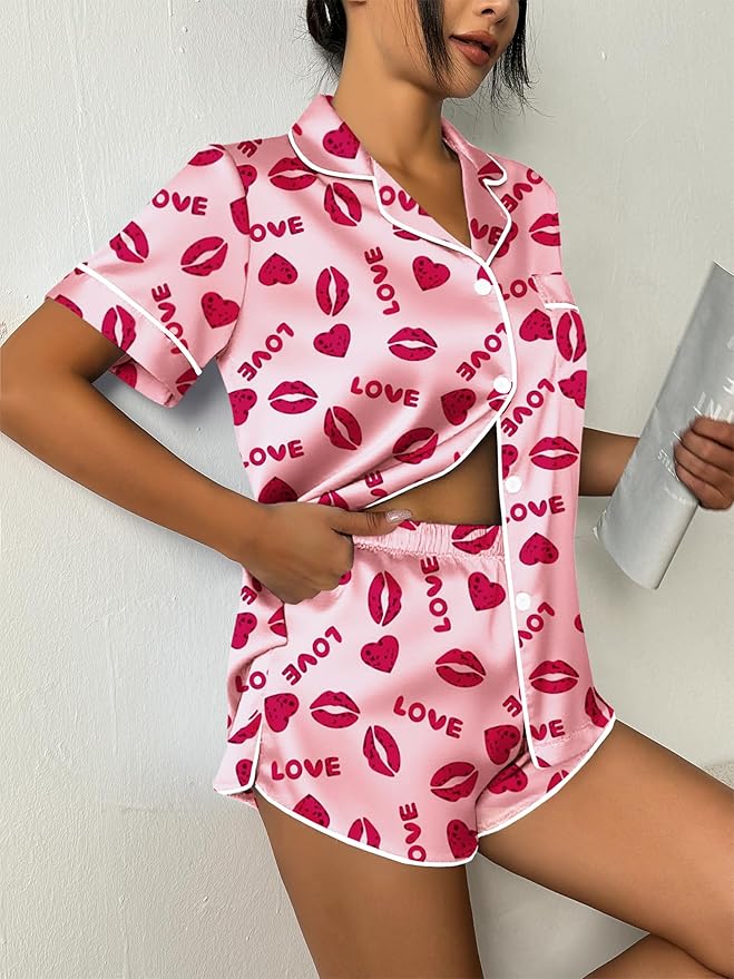 Ekouaer Womens Silk Satin Pajama Set Print Short Sleeve Sleepwear Button Down Pjs Shorts Set Loungewear