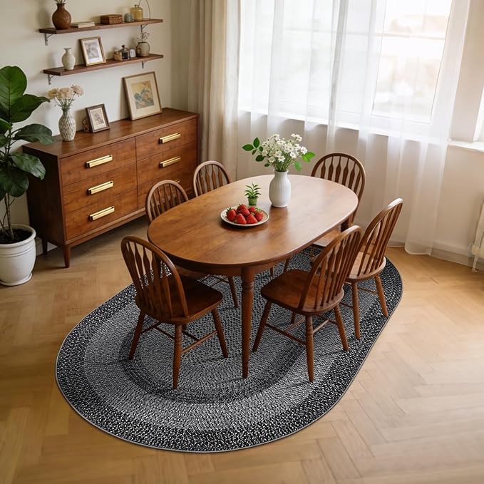 5x8 Oval Living Room Area Rug Washable Modern Border Bedroom Bedside Area Rugs Non Slip Low Pile Dining Room Oval Throw Carpet Contemporary Rugs for Living Room Kitchen Nursery, Black