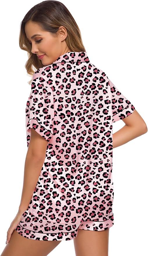 SWOMOG Womens Silk Satin Pajamas Set Short Sleeve Sleepwear Button Down Top and Shorts Loungewear 2 Piece Pjs Set XS-3XL