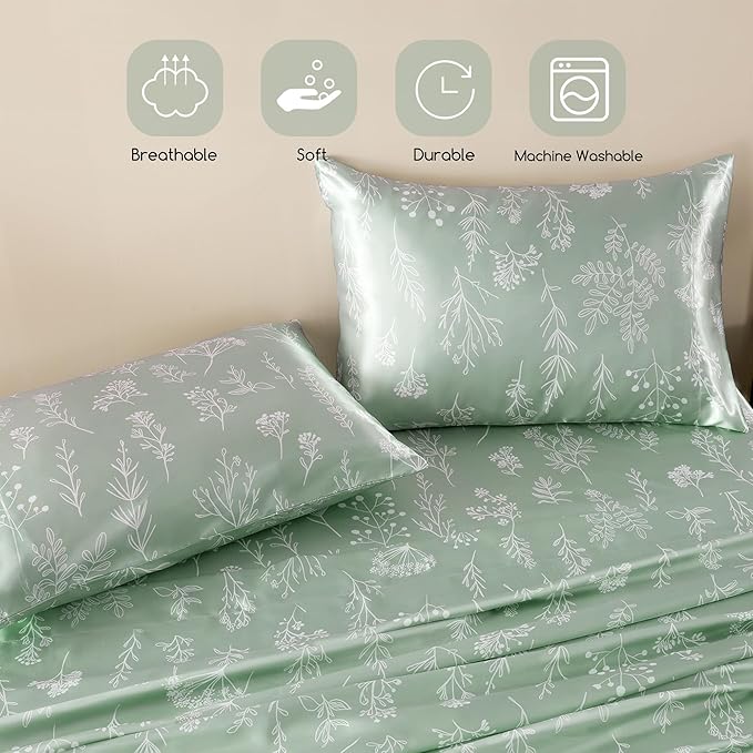MR&HM Satin Bed Sheets with Elastic Corner Straps, Queen Size Sheets Set, 4 Pcs Silky Bedding Set with 15 Inches Deep Pocket for Mattress (Queen, Floral Sage)