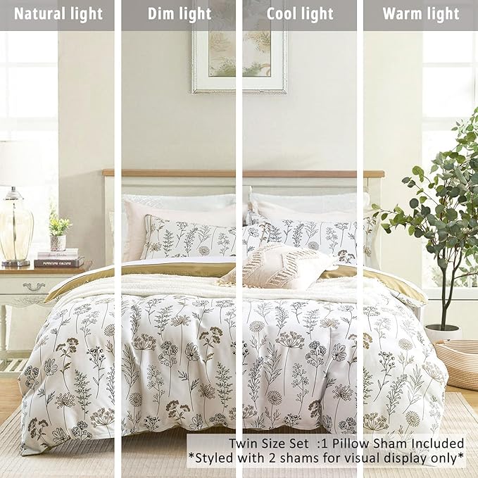 ALEISSEL White Botanical Cotton Comforter Twin Size - 2PC Lightweight Bedding Sets with Down Alternative Fill, Luxurious Pale Mustard Reversible Design (1 Comforter, 1 Pillowsham)