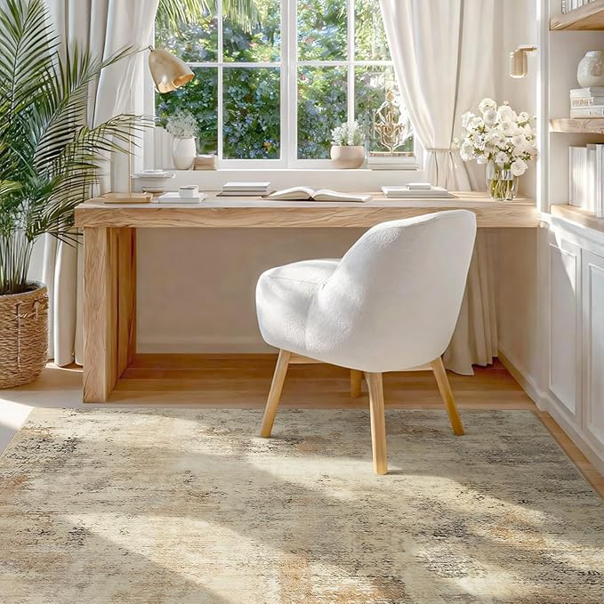 CRYPTOLITE Abstract Area Rug Washable Rug with Non-Slip Backing Low Pile Area Rugs for Living Room, Bedroom, Dining Room,4x6, Khaki