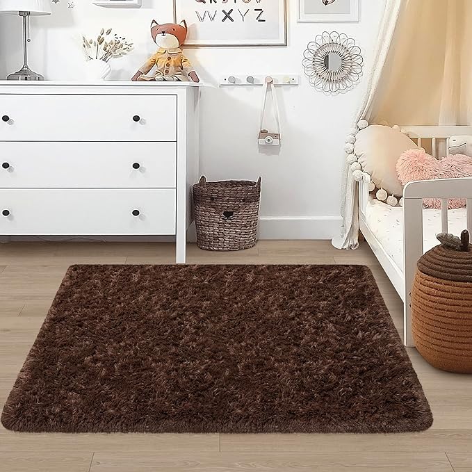 Fluffy Rugs for Bedroom Living Room 3x5 Brown Shaggy Area Rug Soft Plush Fuzzy Fur Throw Carpets Kids Rug for Nursery Kids Room Dorm Home Decor Aesthetic