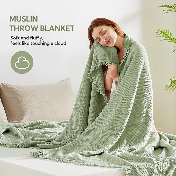 SOULFUL Muslin Throw Blanket with Tassels - Soft Queen Cotton Throw Blanket for Couch or Bed, Lightweight and Breathable Gauze for All Seasons, Grassgreen, 90" x 90"