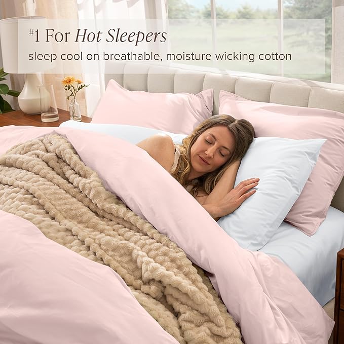Bare Home 100% Organic Cotton Queen Duvet Cover Set - Crisp Percale Weave - Lightweight & Breathable - Cooling Duvet Cover Set (Queen, Dusty Pink)