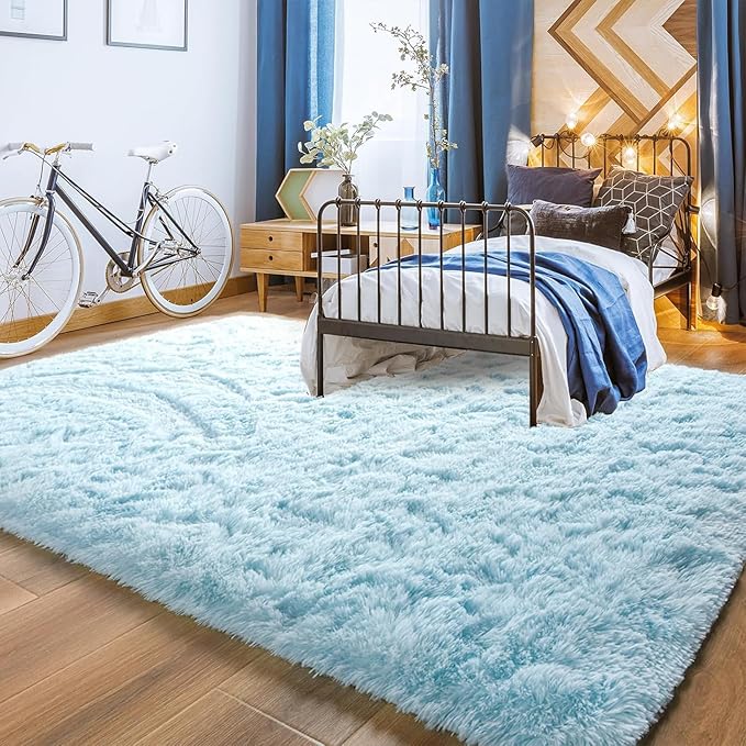 YJ.GWL Area Rugs for Living Room Bedroom, 6x9 Machine Washable Large Light Blue Carpet, Soft Fluffy Shaggy Thick Big Shag Indoor Floor Rug for Kids Boy and Girls Room Dorm Home Decor Aesthetic
