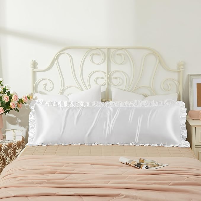 White Satin Pillowcases Body Pillow for Hair and Skin,White Body Pillow Silk Pillowcase with Envelope Closure Princess Room Decoration