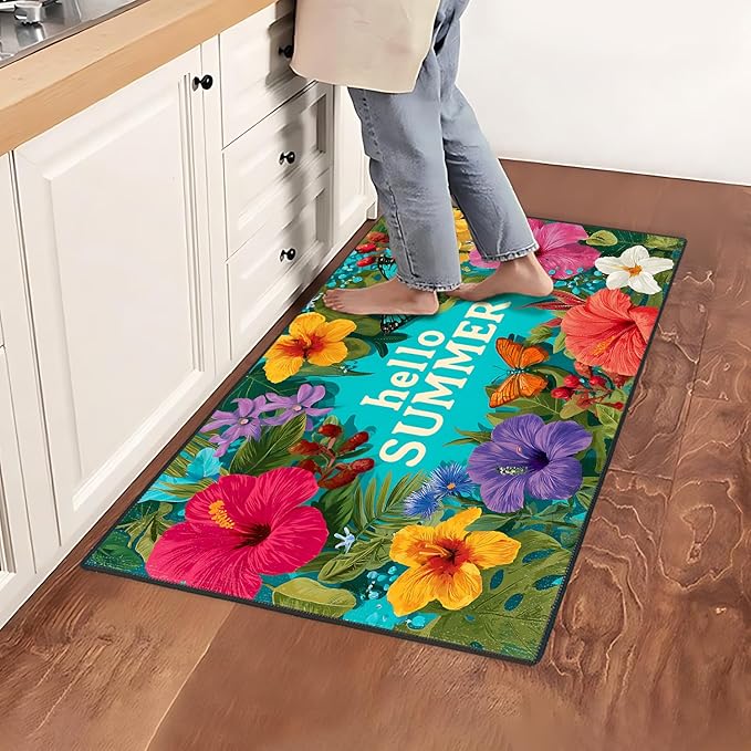 Hello Summer Area Rug 2x3 ft Entry Rug Washable Boho Rugs Non Slip Low Pile Floral Door Mat Small Carpet for Bedroom, Bedside, Kids Room, Office, Dining Room