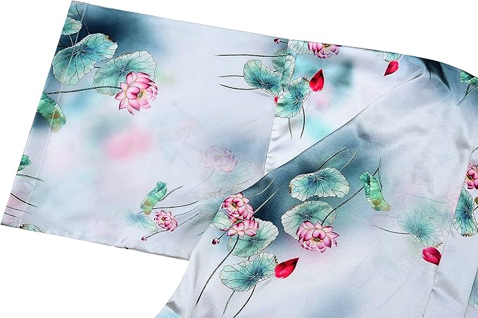 Valennia Women Long Silky Bathrobe Satin Kimono Robe Floral Printed Dressing Gown Sleepwear