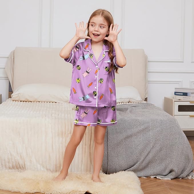 QPANCY Kids Satin Pajamas Sets Baby Boy Girl Button-Down Silk Sleepwear 2 Piece Short Sleeve Loungewear Clothes Set