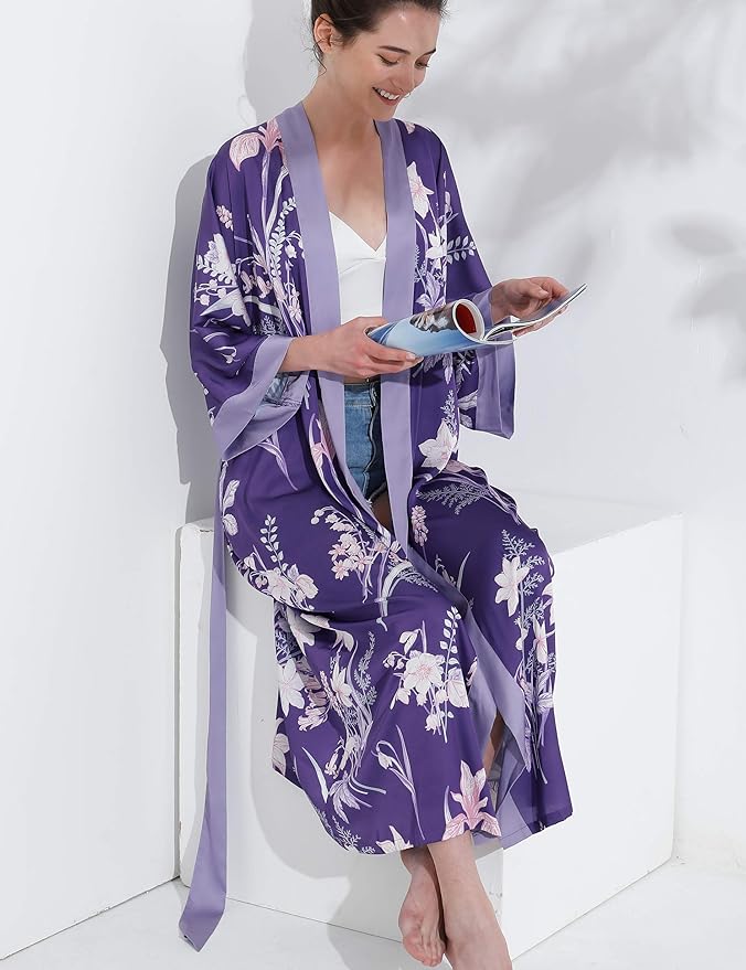 Aensso Long Soft Lightweight Silky Kimonos Robes for Women, Luxury Japanese Floral Womens Kimono Robe