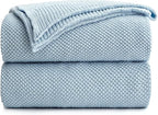 Longhui bedding 100% Cotton Light Blue Lightweight Cable Knit Throw Blanket for Couch Sofa Bed Home Décor Bonus Laundering Bag – Large 60 x 80 Inch, Machine Washable, Blue Color