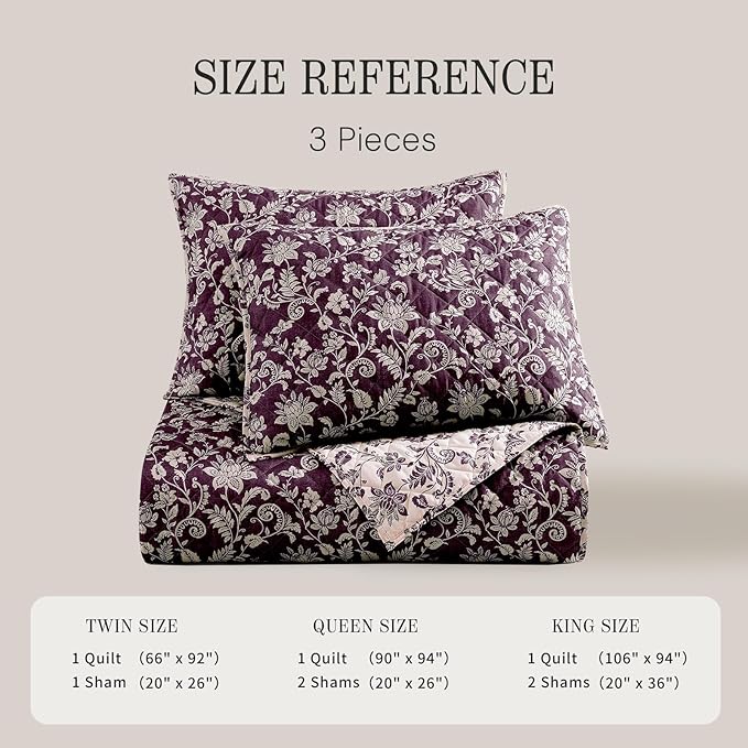 BLOOMHAVEN Quilt Set Queen Size, Italian Plum Floral Quilt Sets, Reversible Bedspread Lightweight and Breathable for All Seasons, Soft Quilted Bedspread with 2 Pillow Shams