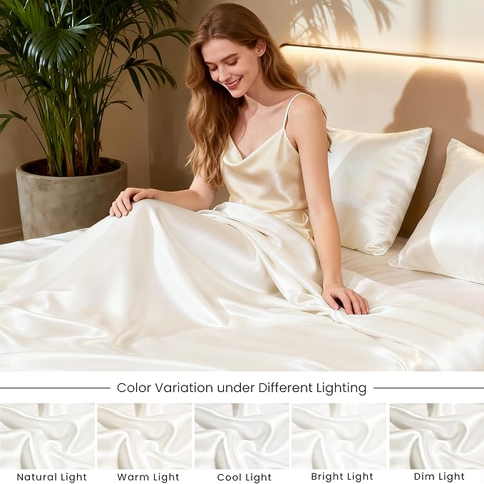 Love's cabin Satin Queen Sheets Set - 4 Piece Ivory Silky Bed Sheets with Deep Pocket, Luxury Silk Feel Satin Queen Size Sheet Set (1 Flat Sheet,1 Fitted Sheet,2 Pillow Cases)