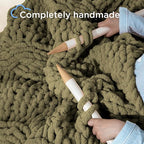 Chunky Knit Blanket Throw - 100% Hand Knitted Chunky Throw Blanket for Couch, Thick and Warm Blanket for Winter, Olive Green, 50x60 Inches
