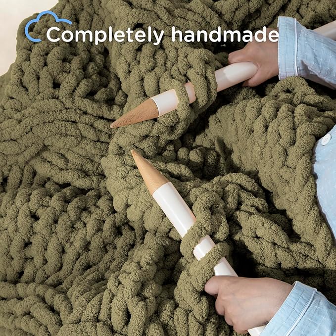 Chunky Knit Blanket Throw - 100% Hand Knitted Chunky Throw Blanket for Couch, Thick and Warm Blanket for Winter, Olive Green, 50x60 Inches