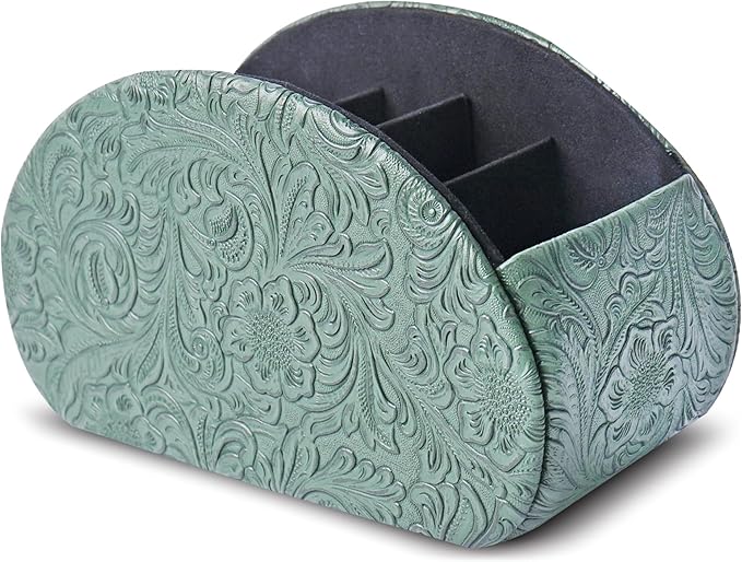 QIELIZI Remote Control Holder, PU Leather Remote Caddy Desktop Organizer with 5 Spacious Compartments for TV Remotes/Media Controllers/Office Supplies (1-Carved3 Green1