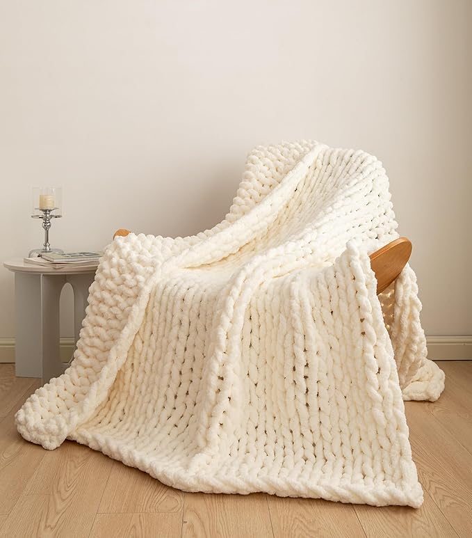 Chunky Knit Blanket Soft Chenille Yarn Knitted Throw Blanket 50"X60" Handmade Cable Warm Thick Giant Blanket for Couch Bed Trips (White, Throw 50"X60")?-¡­