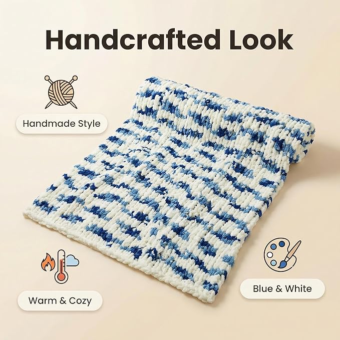 Amélie Home Chunky Knit Throw Blanket for Couch, Soft Chenille Handmade Crochet Throw Rope Knot Blanket for Couch, 50"x60", Space-Dyed Blue Striped