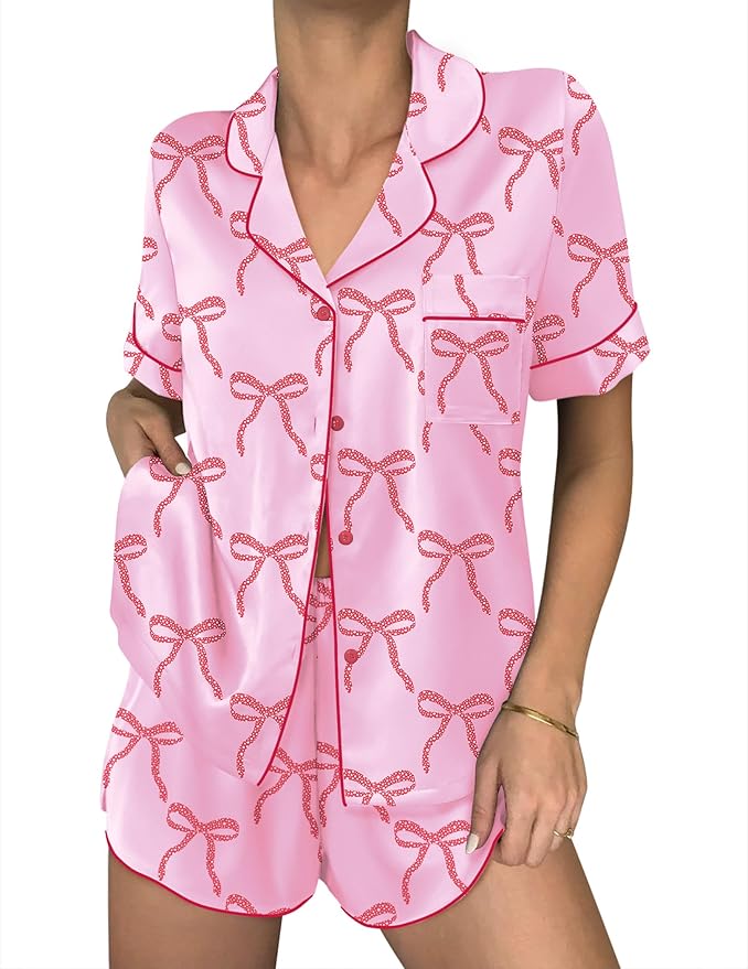 Ekouaer Womens Silk Satin Pajama Sets 2 Piece Button Down Silk Pjs Shorts Sets Cute Print Short Sleeve Sleepwear S-4XL