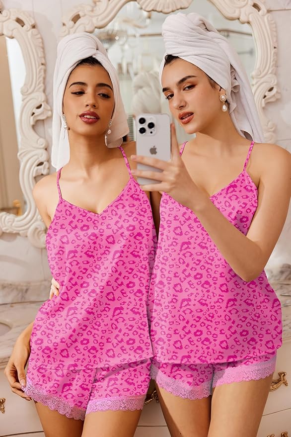 Ekouaer Satin Pajamas Women Lace Sleepwear Lingerie Cami Shorts Set Nightwear XS-XXL