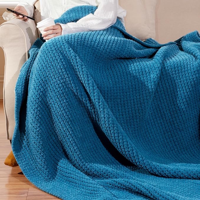 Waffle Knit Twin Blanket, Luxury Cozy Chunky Knit Twin Blanket for Couch, 60 x 80 Inch Thick Ultra-Soft Feather Yarn Knitted Blankets for Sofa, Bed, Home Decor - Blue